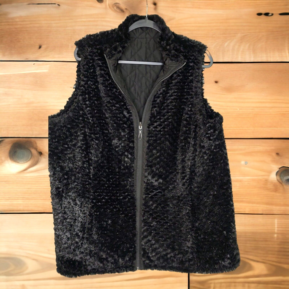Black Reversible Faux Fur Quilted Zip Vest with Pocket Size XL Denim & Co. - Picture 1 of 10